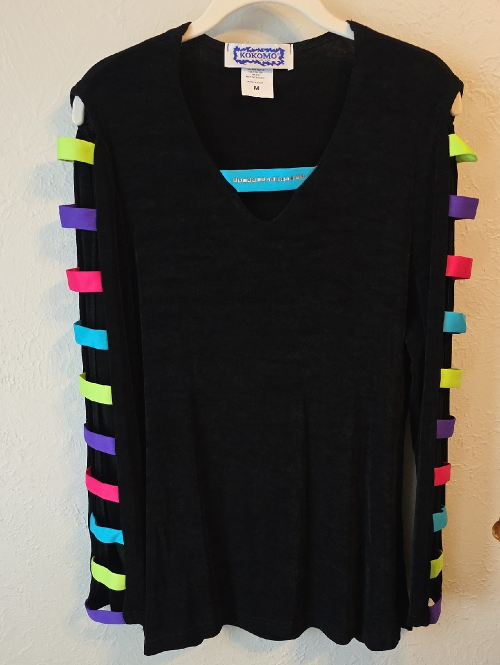 Vtg Y2K Kokomo Black V-Neck Top Neon Ladder Sleeves Size M Festival Whimsigoth